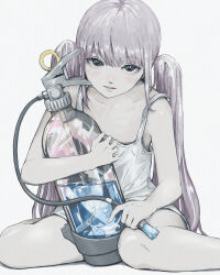 Rule 34 | 1girl, absurdres, araki rakka, black eyes, feet out of frame, fire extinguisher, flat chest, grey hair, highres, long hair, looking at viewer, original, parted lips, pastel colors, solo, tank top, twintails, very long hair, white tank top
