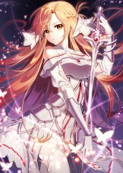 Rule 34 | 1girl, absurdres, armor, asuna (sao), asuna (stacia), braid, breasts, brown eyes, brown hair, dress, eile (esspril), french braid, gloves, hair between eyes, highres, holding, holding sword, holding weapon, long hair, looking at viewer, rapier, smile, solo, sword, sword art online, sword art online: alicization, thighhighs, very long hair, weapon, white dress, white gloves, white thighhighs