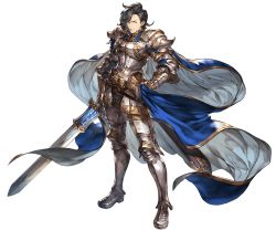 Rule 34 | 10s, 1boy, armor, armored boots, belt, black hair, blue eyes, boots, cape, full body, gloves, granblue fantasy, male focus, mercutio (granblue fantasy), minaba hideo, official art, solo, sword, transparent background, weapon