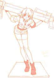 Rule 34 | 1girl, anti-materiel rifle, arms behind back, belt, boots, breast pocket, breasts, cannon, closed mouth, gun, hellsing, hellsing 30mm anti-tank cannon harkonnen, holding, kayama (fukayama), large breasts, leaning forward, low twintails, military, military uniform, miniskirt, monochrome, pencil skirt, pocket, red theme, rifle, seras victoria, shirt, short hair, simple background, sketch, skirt, sleeves rolled up, smile, sniper rifle, solo, standing, taut clothes, taut shirt, thigh gap, thighhighs, twintails, uniform, weapon, white background