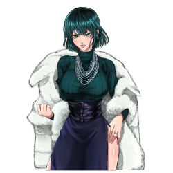 Rule 34 | 1girl, absurdres, breasts, coat, female focus, fubuki (one-punch man), fur coat, gradient hair, green eyes, green hair, groin, highres, jewelry, kerana art, large breasts, legs, looking at viewer, matching hair/eyes, multicolored hair, necklace, one-punch man, parted lips, pencil skirt, ring, short hair, simple background, skirt, smile, solo, standing, sweater, thighs, turtleneck, white background