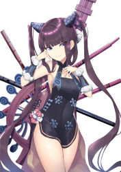 Rule 34 | 1girl, 714 (leg200kr), bare shoulders, black dress, blue eyes, blunt bangs, breasts, china dress, chinese clothes, cleavage, closed mouth, covered navel, detached sleeves, dress, fate/grand order, fate (series), flute, hair ornament, hand on own chest, highres, instrument, long hair, looking at viewer, medium breasts, pipa (instrument), purple hair, side slit, sidelocks, simple background, smile, solo, thighs, twintails, very long hair, white background, yang guifei (fate), yang guifei (second ascension) (fate)