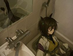 Rule 34 | 1girl, agnes tachyon (umamusume), animal ears, bathroom, bathtub, black pantyhose, brown hair, commentary, earrings, faucet, from above, hair between eyes, hashtag-only commentary, highres, horse ears, horse girl, indoors, jewelry, kamukamu810, looking ahead, mirror, pantyhose, red eyes, short hair, sink, sitting on water, solo, sweater vest, tile wall, tiles, umamusume, yellow sweater vest