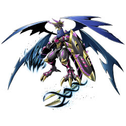 Rule 34 | 1boy, arm cannon, armor, aura, bandai, blonde hair, blue scarf, digimon, dragon, dragon wings, energy, flying, highres, horns, looking to the side, multiple wings, official art, regulusmon, scarf, sharp teeth, shield, sword, teeth, weapon, white background, wings, yellow eyes