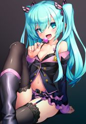 Rule 34 | 1girl, animal ears, aqua hair, arm at side, bare shoulders, black bra, black footwear, black jacket, black skirt, black thighhighs, boots, bow, bra, breasts, butterfly hair ornament, candy, cleavage, collarbone, fingernails, food, garter straps, grey nails, hair between eyes, hair ornament, hatsune miku, highres, honey whip (module), jacket, knee boots, knee up, layered skirt, licking, lollipop, long fingernails, long hair, long sleeves, looking at viewer, medium breasts, miniskirt, nail polish, navel, ninopal, off shoulder, open clothes, open jacket, open mouth, partially unbuttoned, pink bow, project diva (series), saliva, sitting, skirt, solo, sweet devil (vocaloid), thighhighs, tongue, tongue out, twintails, underwear, very long hair, vocaloid