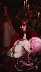 Rule 34 | 1girl, absurdres, alcohol, black dress, blunt bangs, blush, breasts, cleavage, cup, dress, drinking glass, flower, from above, highres, hololive, hololive english, large breasts, long dress, long hair, looking at viewer, looking up, mori calliope, official alternate hairstyle, pantyhose, pink eyes, pink hair, ponytail, rose, side ponytail, sidelocks, sitting, skull, sleeveless, sleeveless dress, smile, solo, virtual youtuber, wei hua (vlad 3), wine, wine glass