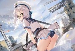 Rule 34 | 1girl, 2022, all-break, blue one-piece swimsuit, blush, bullpup, closed mouth, cloud, cloudy sky, double-barreled shotgun, emyo, goddess of victory: nikke, gun, hat, highres, kel-tec ksg, leaning forward, looking at viewer, looking back, multiple-barrel firearm, neon (nikke), one-piece swimsuit, outdoors, pleated skirt, pump-action shotgun, pump action, shirt, shotgun, side-by-side-barreled shotgun, skirt, sky, solo, standard manufacturing dp-12, swimsuit, swimsuit under clothes, vertical forward grip, weapon, white hair, white shirt, white skirt