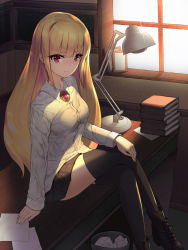 Rule 34 | 1girl, :t, bad id, bad pixiv id, black footwear, black skirt, black thighhighs, blonde hair, blush, book, book stack, boots, breasts, closed mouth, commission, crossed legs, day, dduck kong, desk, desk lamp, dress shirt, highres, indoors, lamp, long hair, looking at viewer, medium breasts, nose blush, on desk, original, paper, picture frame, pleated skirt, pout, red eyes, shirt, sidelocks, sitting, skirt, solo, sunlight, thighhighs, trash can, very long hair, white shirt, window