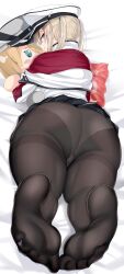 Rule 34 | 1girl, absurdres, ass, bismarck (kancolle), black pantyhose, blonde hair, blue eyes, closed mouth, commentary request, commission, feet, from behind, graf zeppelin (kancolle), hat, highres, huge ass, kantai collection, long hair, long sleeves, looking at viewer, looking back, lying, maruyaa (malya1006), on stomach, panties, panties under pantyhose, pantyhose, skeb commission, smile, soles, solo, thighs, twintails, underwear, white hat