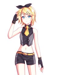 Rule 34 | 1girl, bad id, bad pixiv id, belt, black bow, black gloves, black shorts, black star (module), blonde hair, blue eyes, bow, cowboy shot, ehfpalcl, fingerless gloves, gloves, groin, hair between eyes, hair bow, hair ornament, hairclip, highres, kagamine rin, looking at viewer, midriff, navel, necktie, short hair, short necktie, short shorts, shorts, simple background, sleeveless, solo, stomach, swept bangs, vocaloid, white background, yellow necktie