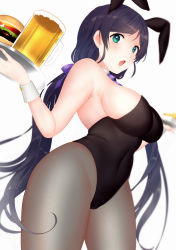 Rule 34 | 1girl, :o, absurdres, alcohol, animal ears, bare shoulders, beer, beer mug, black pantyhose, blush, bow, breasts, burger, cup, detached collar, fake animal ears, food, french fries, green eyes, hair bow, highres, holding, holding tray, kazepana, large breasts, leotard, long hair, looking at viewer, love live!, love live! school idol project, mug, open mouth, pantyhose, parted bangs, playboy bunny, purple bow, purple hair, purple neckwear, rabbit ears, sideboob, simple background, sleeveless, strapless, thighs, tojo nozomi, tray, twintails, very long hair, white background, wrist cuffs, | |