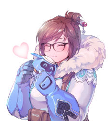 Rule 34 | 1girl, ^ ^, artist name, beads, belt, belt pouch, black-framed eyewear, blue gloves, blush, boots, breasts, brown eyes, brown hair, closed eyes, closed mouth, coat, drone, fur-trimmed boots, fur-trimmed jacket, fur boots, fur coat, fur trim, glasses, gloves, hair bun, hair ornament, hair stick, happy, harness, heart, hug, jacket, large breasts, machinery, mei (overwatch), overwatch, overwatch 1, panza, parka, pouch, robot, short hair, sidelocks, simple background, single hair bun, smile, snowball (overwatch), snowflake hair ornament, solo, strap, swept bangs, thick arms, upper body, utility belt, white background, winter clothes, winter coat