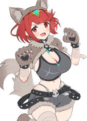 Rule 34 | 1girl, alternate costume, animal ears, belt, black belt, breasts, cleavage, crop top, fake animal ears, fake tail, gonzarez, halloween, halloween costume, highres, large breasts, looking at viewer, medium hair, navel, open mouth, paw pose, pyra (xenoblade), red eyes, short shorts, shorts, sidelocks, simple background, smile, solo, tail, thighhighs, white background, wolf ears, wolf tail, xenoblade chronicles (series), xenoblade chronicles 2