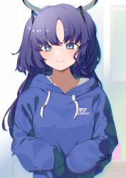 Rule 34 | 1girl, absurdres, blue archive, blue eyes, blue hoodie, clothes writing, halo, highres, hood, hoodie, long hair, long sleeves, looking at viewer, mechanical halo, nakare2845, puffy long sleeves, puffy sleeves, purple hair, sleeves past fingers, sleeves past wrists, solo, two side up, upper body, yuuka (blue archive)
