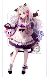 Rule 34 | 1girl, :d, animal, animal ears, apron, black cat, black skirt, boots, brown eyes, cat, cat ears, cat girl, cat tail, commentary request, cross-laced footwear, cup, flower, frilled apron, frills, full body, grey hair, hair ornament, hairclip, holding, holding tray, japanese clothes, kimono, lace-up boots, long hair, long sleeves, maid, morning glory, open mouth, original, pink flower, pink kimono, pleated skirt, purple flower, saucer, skirt, smile, solo, standing, swept bangs, tail, teacup, teapot, tray, very long hair, wa maid, white apron, white background, white footwear, wide sleeves, yagasuri, yuzuyomogi