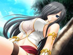 Rule 34 | 1girl, armlet, armpits, black hair, blue eyes, breasts, cleavage, covered erect nipples, day, dutch angle, game cg, hair over one eye, ikusa megami (series), ikusa megami zero, large breasts, long hair, luna clia, midriff, navel, outdoors, see-through, sideboob, smile, underboob