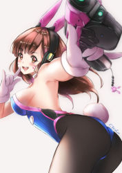 Rule 34 | 1girl, adapted costume, aiming, aiming at viewer, animal ear headphones, animal ears, animal print, artist name, ass, bare shoulders, bent over, black pantyhose, blue leotard, blush, breasts, brown eyes, brown hair, charm (object), chococuco, cleavage, cowboy shot, d.va (overwatch), facepaint, facial mark, fake animal ears, foreshortening, from side, gloves, gun, handgun, headphones, highres, holding, holding gun, holding weapon, leaning forward, leotard, long hair, looking at viewer, looking to the side, m/, medium breasts, open mouth, outstretched arm, overwatch, overwatch 1, pantyhose, pistol, playboy bunny, rabbit ear headphones, rabbit ears, rabbit print, rabbit tail, ribbed leotard, sideboob, signature, simple background, sleeveless, smile, solo, strapless, swept bangs, tail, trigger discipline, weapon, whisker markings, white background, white gloves