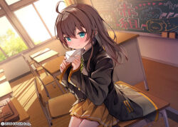 Rule 34 | 1girl, ahoge, alternate costume, aqua eyes, black jacket, blush, brown hair, chair, chalkboard, classroom, closed mouth, commentary request, company name, copyright notice, desk, hair between eyes, holding, holding letter, hololive, indoors, jacket, letter, long hair, long sleeves, looking at viewer, natsuiro matsuri, official art, on desk, orange skirt, pleated skirt, school chair, school desk, school uniform, skirt, smile, solo, summer tail720, virtual youtuber