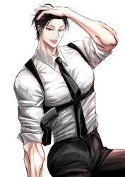 Rule 34 | 1boy, absurdres, alternate costume, artist request, between pectorals, black hair, collared shirt, cowboy shot, fushiguro touji, hand in own hair, highres, jujutsu kaisen, large pectorals, looking at viewer, male focus, mature male, muscular, muscular male, necktie, necktie between pectorals, pants, pectorals, salaryman, scar, scar on face, scar on mouth, shirt, short hair, smile, solo, tongue, tongue out, white background