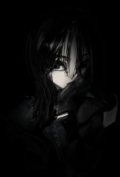 Rule 34 | 1girl, coat, commentary, gloves, greyscale, hair between eyes, hand on own chin, hand on own face, highres, long hair, long sleeves, looking at viewer, mole, mole under eye, monochrome, narue, original, simple background, solo, symbol-only commentary, upper body