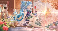 Rule 34 | 1girl, bare legs, barefoot, blue eyes, blue hair, blue shirt, bracelet, bug, butterfly, butterfly on hand, clothes hanger, cloud, flower, flower hair ornament, hair ornament, highres, hololive, hololive indonesia, insect, jacket, japanese clothes, jewelry, kimono, kobo kanaeru, kobo kanaeru (indonesian dress), long hair, midriff, moehime, multicolored hair, official alternate costume, official art, onsen, shirt, side ponytail, skirt, sleeveless, sleeveless shirt, soaking feet, sunset, temple, toenails, toes, traditional clothes, very long hair, virtual youtuber, white hair, white kimono, white skirt