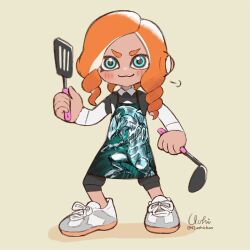 Rule 34 | 1girl, :3, apron, artist name, blue-eyes white dragon, blue eyes, commentary request, drill hair, full body, holding, holding ladle, holding spatula, ladle, long hair, n2uohichan, nintendo, octoling, octoling girl, octoling player character, orange hair, print apron, shoes, simple background, solo, spatula, splatoon (series), standing, tentacle hair, thick eyebrows, twin drills, twitter username, v-shaped eyebrows, white background, white footwear, yu-gi-oh!