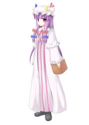 Rule 34 | 1girl, blush, book, bow, crescent moon, female focus, frills, full body, hair bow, hat, long hair, moon, patchouli knowledge, purple eyes, purple hair, simple background, solo, standing, touhou, white background, yoye (pastel white)