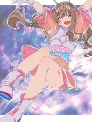 Rule 34 | 1girl, absurdres, brown hair, gloves, green eyes, gridman universe, gridman universe (film), hair ornament, highres, isme, long hair, looking at viewer, minami yume, official alternate costume, open mouth, scar, scar on leg, skirt, smile, solo, white footwear, white gloves