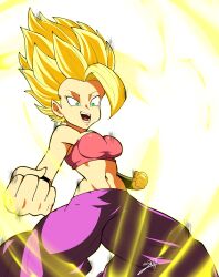 Rule 34 | 1girl, absurdres, baggy pants, blonde hair, breasts, caulifla, dragon ball, dragon ball super, green eyes, highres, midriff, navel, pants, simple background, solo, sottart, spiked hair, super saiyan, white background