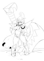 Rule 34 | 1girl, anythinggoes, armor, axe, bandai, bare legs, battle axe, bikini armor, boots, breasts, cape, cleavage, cosplay, curvy, darkknightmon, deadlyaxemon, digimon, digimon frontier, facial mark, fang, female focus, fish girl, fusion, gauntlets, helmet, highres, holding, large breasts, monochrome, monster girl, nipples, ranamon, skullknightmon, solo, thighs, thong, weapon