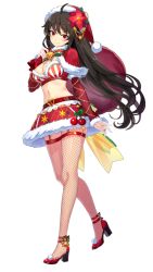 Rule 34 | 1girl, ahoge, bell, belt, black hair, bow, bowtie, breasts, capelet, christmas, cleavage, closed mouth, crop top, detached sleeves, fishnet gloves, fishnet thighhighs, fishnets, flower, full body, fur capelet, fur trim, garter straps, gloves, hand up, hat, hat flower, holding, holding sack, iris yuma, large breasts, long hair, long sleeves, looking at viewer, midriff, miniskirt, navel, official art, red eyes, red footwear, red hat, red shirt, red skirt, revealing clothes, sack, sandals, santa costume, santa hat, shirt, simple background, skirt, smile, solo, soulworker, stomach, thighhighs, thighs, very long hair, white background