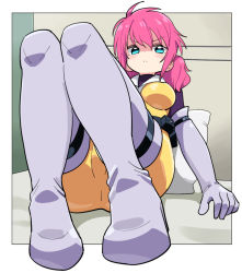 Rule 34 | 1girl, bodysuit, breasts, commentary request, elbow gloves, feldt grace, gloves, green eyes, gundam, gundam 00, large breasts, looking at viewer, pink hair, shaded face, skin tight, solo, tonmoh, twintails, yellow bodysuit