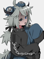 Rule 34 | 1girl, :3, absurdres, ahoge, bags under eyes, black dress, black eyes, black horns, blue dress, blue eyes, blue sclera, bun cover, chain, colored sclera, double bun, dragon girl, dragon horns, dragon tail, dress, fangs, grey background, grey hair, hair bun, hands up, heterochromia, high collar, highres, horns, hyow, long hair, long sleeves, looking at viewer, low twintails, open mouth, original, shaded face, short eyebrows, side slit, simple background, sleeves past fingers, sleeves past wrists, smug, solo, tail, twintails, upper body