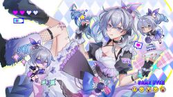 Rule 34 | 3girls, :q, absurdres, alternate costume, black choker, black gloves, breasts, choker, cleavage, commentary request, copyright name, criss-cross halter, elicooc, enmaided, fingerless gloves, gloves, grey eyes, grey hair, hair intakes, halterneck, highres, honkai: star rail, honkai (series), long hair, looking at viewer, maid, medium breasts, mini person, minigirl, multiple girls, ponytail, puffy short sleeves, puffy sleeves, short sleeves, silver wolf (honkai: star rail), tongue, tongue out
