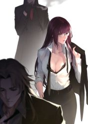 Rule 34 | 1girl, alternate costume, belt, belt buckle, bespectacled, black bra, bra, breasts, buckle, business suit, chiron (fate), cleavage, collarbone, commentary request, dress shirt, fate/grand order, fate (series), formal, glasses, hand on own hip, holding, holding clothes, holding jacket, jacket, jacket over shoulder, lace, lace-trimmed bra, lace trim, large breasts, lips, lipstick, long hair, long sleeves, looking to the side, lord el-melloi ii, makeup, necktie, open clothes, open shirt, pencil skirt, purple hair, red eyes, reroi, scathach (fate), shirt, simple background, skirt, solo, suit, underwear, undone necktie, unworn jacket, waver velvet, white background