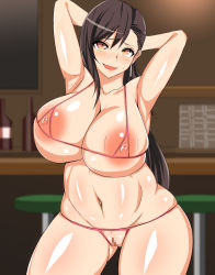 Rule 34 | 1990s (style), 1girl, armpits, arms behind head, arms up, bar (place), black hair, blurry, blurry background, blush, bottle, breasts, censored, cowboy shot, crotchless, crotchless panties, earrings, final fantasy, final fantasy vii, functionally nude, groin, highres, huge breasts, indoors, jewelry, large areolae, legs, lingerie, long hair, looking at viewer, mosaic censoring, navel, nippleless clothes, nipples, open mouth, orange eyes, panties, pussy, retro artstyle, revealing clothes, samurai (movemusic), smile, solo, standing, stool, thighs, tifa lockhart, underwear