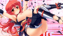 Rule 34 | 1girl, arms up, breasts, breasts out, female focus, japanese clothes, katana, large breasts, legs up, long hair, nipples, oniwa tsunamoto, puffy nipples, red eyes, red hair, sengoku hime, sengoku hime 4, solo, sword, torn clothes, unicorn-a, weapon
