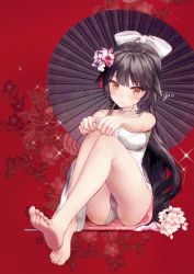 Rule 34 | 1girl, azur lane, bare arms, bare legs, bare shoulders, barefoot, black hair, black umbrella, blush, bow, breasts, brown eyes, china dress, chinese clothes, closed mouth, commentary, dress, fingernails, floral background, flower, gio (maroon0924), hair bow, hair flower, hair ornament, large breasts, long hair, oil-paper umbrella, pink flower, purple flower, red background, revision, signature, sitting, sleeveless, sleeveless dress, soles, solo, takao (azur lane), takao (the lessons of spring) (azur lane), toenails, umbrella, very long hair, white bow, white dress