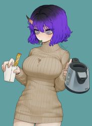 Rule 34 | 1girl, blue background, blush, breasts, closed mouth, cowboy shot, cup, disposable cup, dress, electric kettle, fingernails, grey eyes, highres, holding, horns, indie virtual youtuber, kettle, large breasts, medium hair, mouth hold, podone, purple hair, ribbed sweater, signature, simple background, single horn, slit pupils, solo, sparrowl, stained clothes, standing, sweater, sweater dress, virtual youtuber