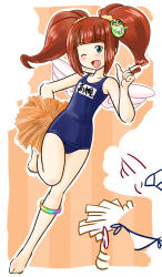 Rule 34 | 00s, 1girl, brown hair, green eyes, idolmaster, idolmaster (classic), name tag, one-piece swimsuit, one eye closed, pom pom (cheerleading), school swimsuit, solo, swimsuit, takatsuki yayoi, twintails, wings