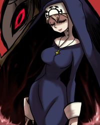 Rule 34 | 1girl, bad id, bad pixiv id, black sclera, breasts, brown hair, closed eyes, colored sclera, cross, cross necklace, double (skullgirls), dual persona, habit, impossible clothes, jewelry, kairui, large breasts, monster, narrow waist, necklace, nun, red eyes, skullgirls, traditional nun