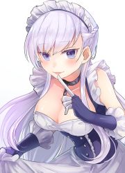 Rule 34 | 1girl, azur lane, bad id, bad pixiv id, belfast (azur lane), blue eyes, blush, braid, breasts, chain, cleavage, collarbone, corset, dress, finger to mouth, french braid, gloves, large breasts, long hair, looking at viewer, maid, maid headdress, open mouth, pink lips, silver hair, smile, solo, temoto, very long hair, white background, white dress
