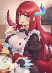 Rule 34 | 1girl, apron, blue horns, blush, breasts, dragon girl, dragon horns, dragon tail, duel monster, highres, horns, kitchen dragonmaid, lace-trimmed apron, lace trim, large breasts, long hair, long sleeves, looking at viewer, maid, maid apron, open mouth, pinta (ayashii bochi), puffy sleeves, red hair, solo, tail, yu-gi-oh!
