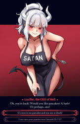 Rule 34 | &gt;:), 1girl, apron, bad id, bad pixiv id, black tail, blush, breasts, cleavage, clothes writing, demon girl, demon horns, demon tail, foxyreine, helltaker, horns, large breasts, long hair, looking at viewer, lucifer (helltaker), mole, mole on breast, mole under eye, naked apron, open mouth, shinkon santaku, sideboob, solo, tail, white horns