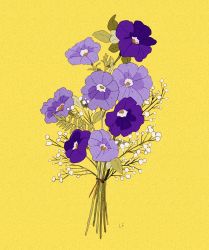 Rule 34 | baby&#039;s-breath, bouquet, commentary, english commentary, flower, flower focus, highres, leaf, libbyframe, no humans, original, petunia (flower), plant, purple flower, signature, simple background, still life, white flower, yellow background