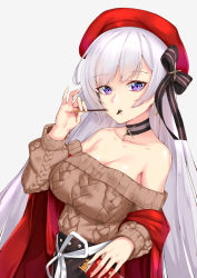 Rule 34 | 1girl, aran sweater, azur lane, bare shoulders, belfast (azur lane), belfast (shopping with the head maid) (azur lane), beret, blush, braid, breasts, brown sweater, cable knit, choker, cleavage, collarbone, earrings, eating, food, grey background, hank10111213, hat, holding, holding food, hoop earrings, jewelry, large breasts, long hair, looking at viewer, off-shoulder sweater, off shoulder, pocky, purple eyes, sidelocks, silver hair, simple background, skirt, solo, sweater