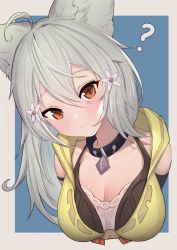 Rule 34 | 1girl, :3, ?, ahoge, animal ear fluff, animal ears, bare shoulders, black collar, blue background, blush, breasts, brown eyes, cleavage, closed mouth, collar, commentary request, erune, flower, granblue fantasy, grey background, grey hair, hair between eyes, hair flower, hair ornament, head tilt, highres, hood, hood down, long hair, looking at viewer, medium breasts, revision, sen (granblue fantasy), solo, two-tone background, uneg, upper body, white flower