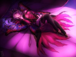 Rule 34 | 1girl, bed, commission, dress, fairy wings, fire emblem, fire emblem heroes, grey hair, high heels, highres, kitsudon, long hair, lying, nintendo, on back, parted lips, plumeria (fire emblem), pointy ears, ponytail, red eyes, solo, wings