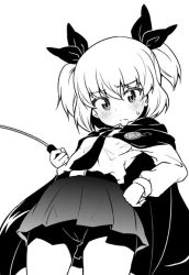 Rule 34 | 10s, 1girl, anchovy (girls und panzer), anzio school uniform, belt, blush, cape, closed mouth, commentary, dress shirt, emblem, frown, girls und panzer, greyscale, hair ribbon, hand on own hip, long sleeves, looking at viewer, looking down, miniskirt, monochrome, necktie, pantyhose, pleated skirt, ribbon, riding crop, school uniform, shirt, short hair, short twintails, skirt, solo, sw (taco), sweatdrop, twintails