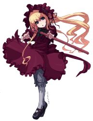 Rule 34 | 00s, 1girl, blonde hair, bloomers, bonnet, bow, cane, dress, expressionless, flower, full body, long hair, looking at viewer, oekaki, red dress, ribbon, rkrk, rose, rozen maiden, shinku, shoes, simple background, solo, standing, tiptoes, underwear, very long hair